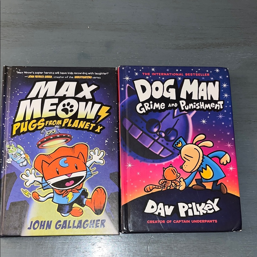 Dog Man #9 Grime and Punishment + Max Meow #3 Hardcover Book Bundle EUC